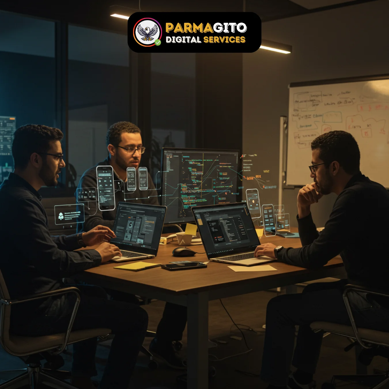 شركة تصميم مواقع وتسويق رقمي تناقش استراتيجيات السيو وتحليل الأداء داخل اجتماع احترافي