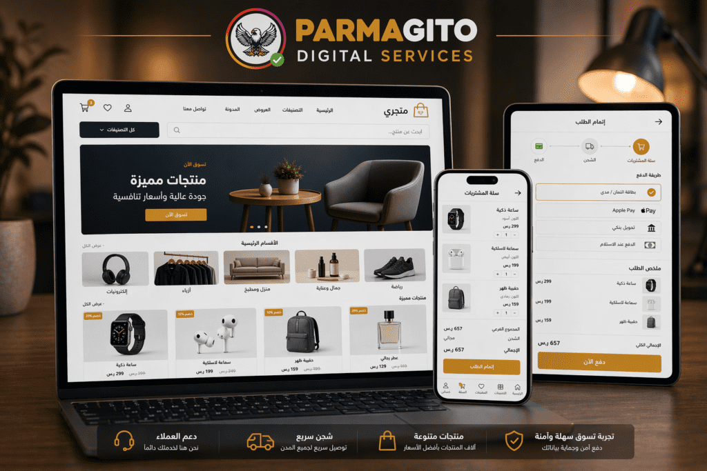 واجهة متجر إلكتروني تعرض المنتجات ونظام الشراء