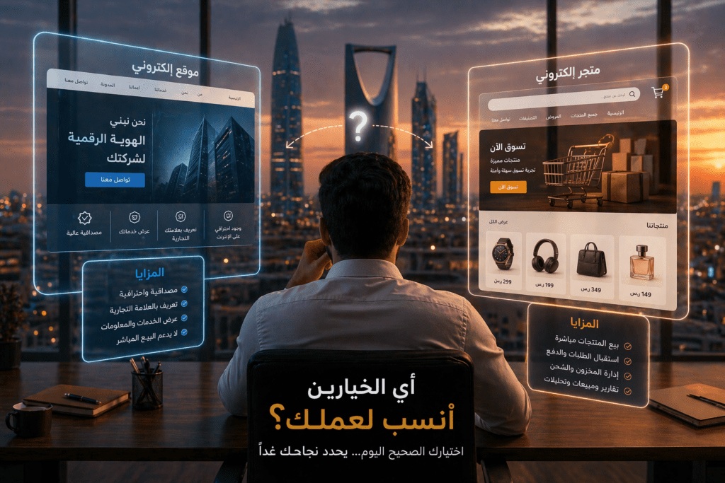 رائد أعمال يقارن بين موقع إلكتروني ومتجر إلكتروني