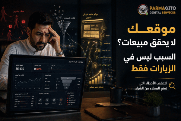 رجل أعمال عربي يبدو عليه القلق أمام شاشة لابتوب تعرض تحليلات موقع إلكتروني بدون مبيعات، مع عناصر بصرية توضح فقدان العملاء وضعف التحويل