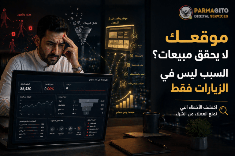 رجل أعمال عربي يبدو عليه القلق أمام شاشة لابتوب تعرض تحليلات موقع إلكتروني بدون مبيعات، مع عناصر بصرية توضح فقدان العملاء وضعف التحويل