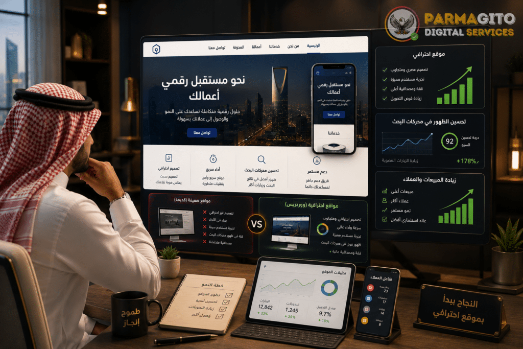 رجل أعمال يراجع موقع ووردبريس احترافي