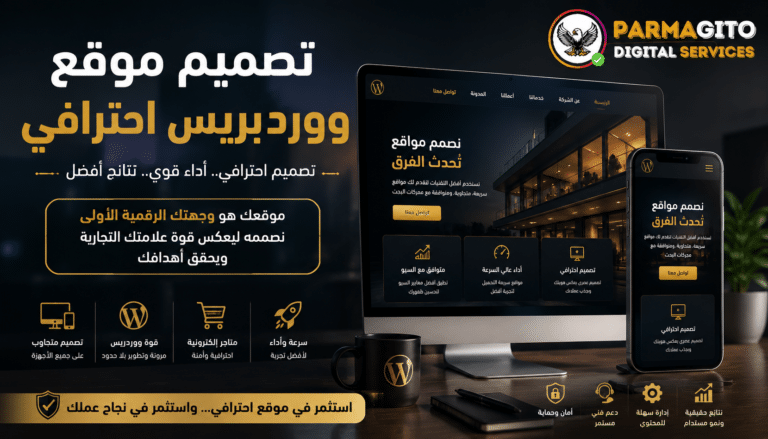 تصميم موقع ووردبريس احترافي يظهر على شاشات الكمبيوتر والموبايل داخل بيئة رقمية فاخرة