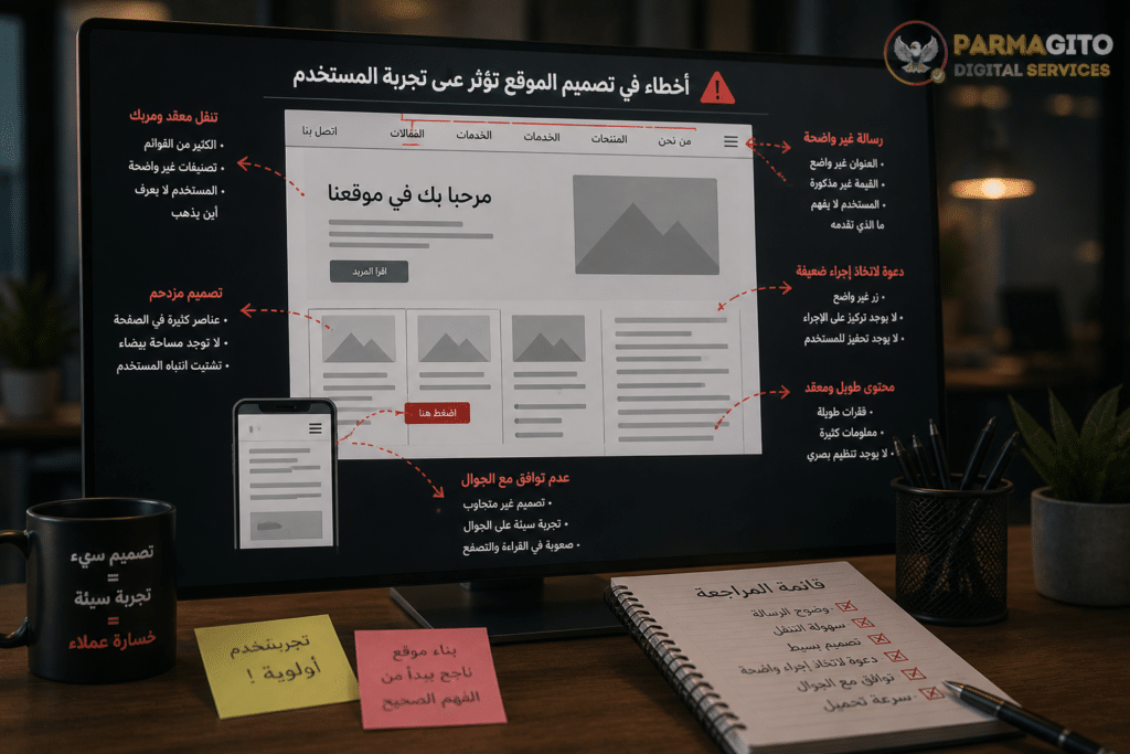 هيكل موقع غير منظم مع مشاكل في تجربة المستخدم