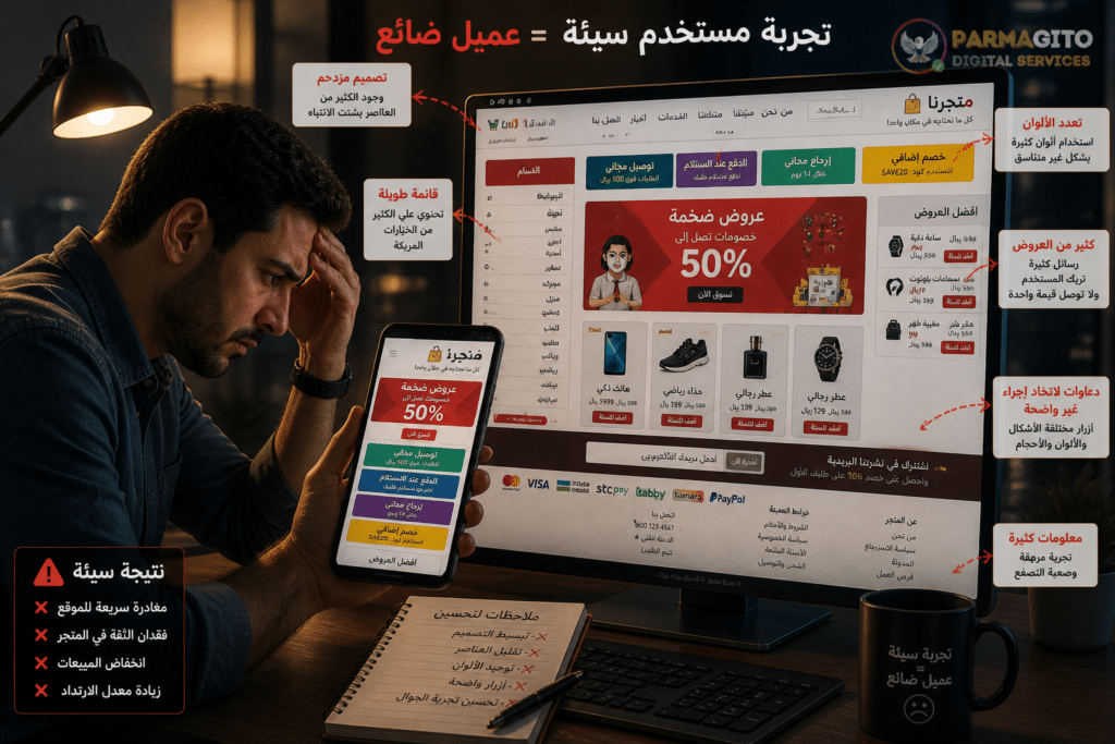 مستخدم يعاني من التنقل في موقع سيئ