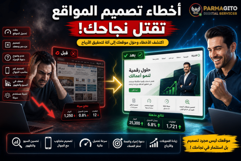 تصميم يوضح أخطاء تصميم المواقع وتأثيرها على الأداء مع مقارنة بين موقع ضعيف وآخر احترافي يحقق نتائج عالية