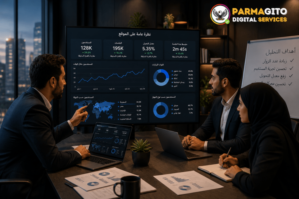 فريق تسويق يقوم بتحليل تقارير زيارات الموقع وبيانات التحليلات