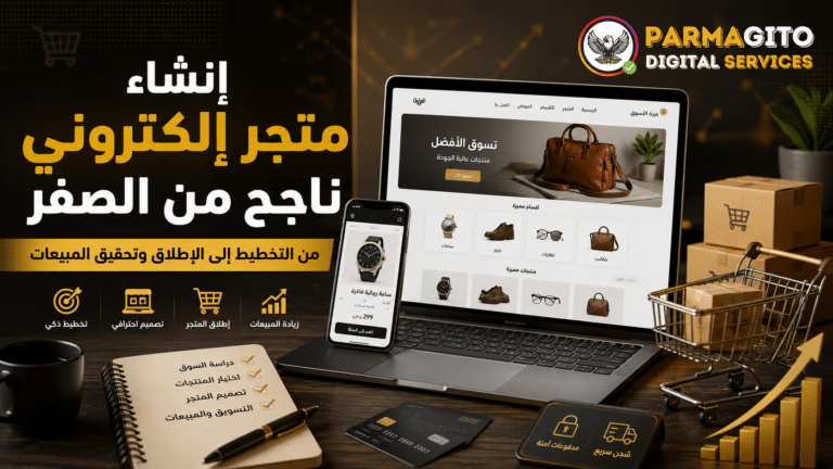صورة ترويجية توضح إنشاء متجر إلكتروني ناجح من الصفر، بداية من التخطيط والتصميم وحتى إطلاق المتجر وتحقيق المبيعات.