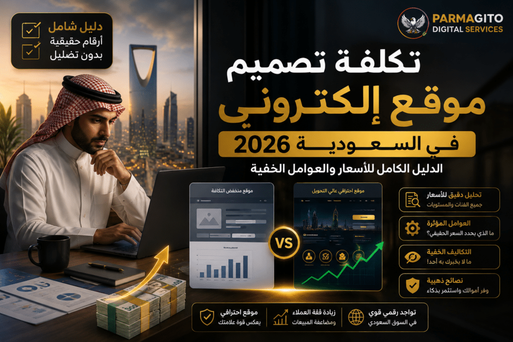 صورة بارزة توضح تكلفة تصميم موقع إلكتروني في السعودية 2026 مع مقارنة بين الموقع منخفض التكلفة والموقع الاحترافي عالي التحويل
