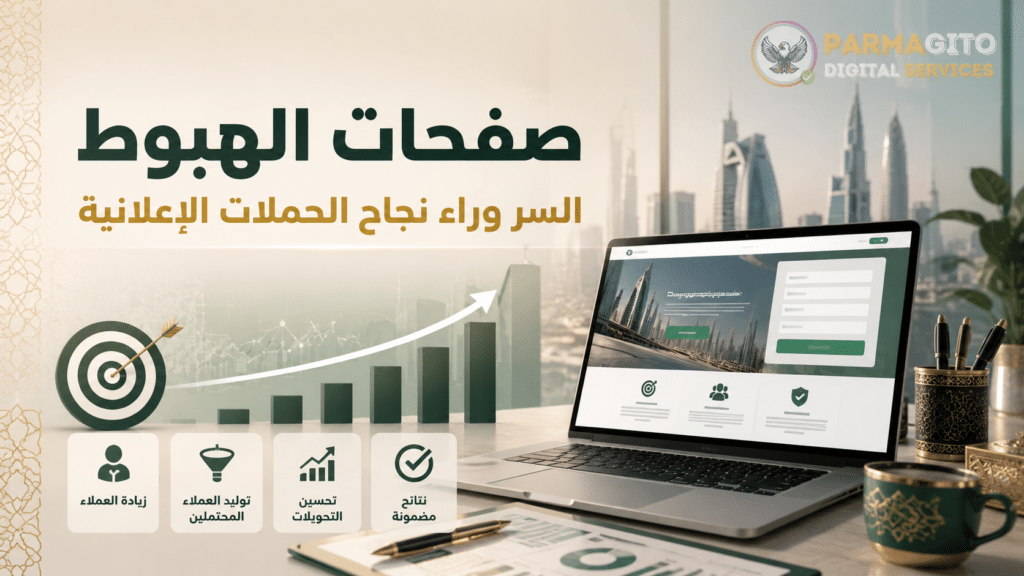 صورة توضح صفحات الهبوط ودورها في نجاح الحملات الإعلانية وزيادة التحويلات مع شعار بارماجيتو