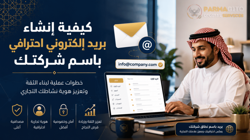 رجل أعمال عربي يستخدم بريد إلكتروني احترافي باسم شركته لتعزيز الثقة وتنظيم التواصل مع العملاء