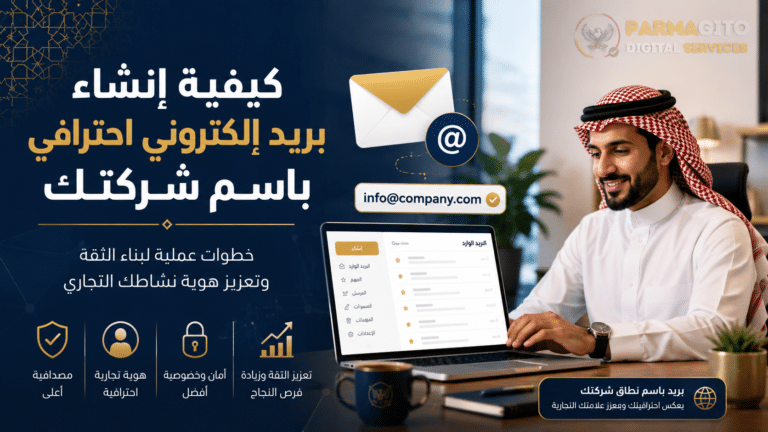رجل أعمال عربي يستخدم بريد إلكتروني احترافي باسم شركته لتعزيز الثقة وتنظيم التواصل مع العملاء