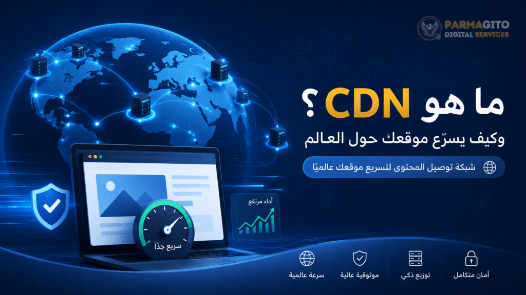 صورة توضيحية تشرح ما هو CDN وكيف تساعد شبكة توصيل المحتوى في تسريع الموقع عالميًا عبر خوادم موزعة وتحسين الأداء والأمان