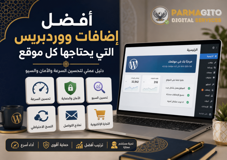 صورة بارزة توضح أفضل إضافات ووردبريس التي يحتاجها كل موقع لتحسين السرعة والأمان والسيو مع واجهة ووردبريس وشعار بارماجيتو.