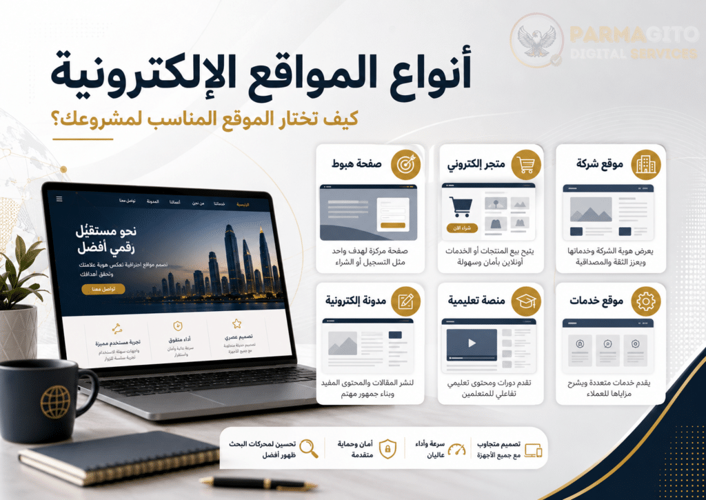 صورة توضيحية عن أنواع المواقع الإلكترونية وكيفية اختيار الموقع المناسب للمشروع مع أمثلة لموقع شركة ومتجر إلكتروني وصفحة هبوط وموقع خدمات ومنصة تعليمية ومدونة إلكترونية
