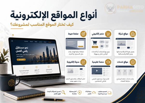 أنواع المواقع الإلكترونية وكيف تختار الموقع المناسب لمشروعك صورة توضيحية عن أنواع المواقع الإلكترونية وكيفية اختيار الموقع المناسب للمشروع مع أمثلة لموقع شركة ومتجر إلكتروني وصفحة هبوط وموقع خدمات ومنصة تعليمية ومدونة إلكترونية