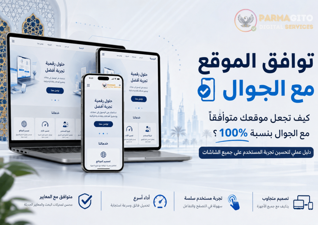 تصميم عربي يوضح توافق الموقع مع الجوال عبر هاتف ولابتوب وجهاز لوحي، مع شعار Parmagito وخطوات تحسين تجربة المستخدم على مختلف الشاشات.