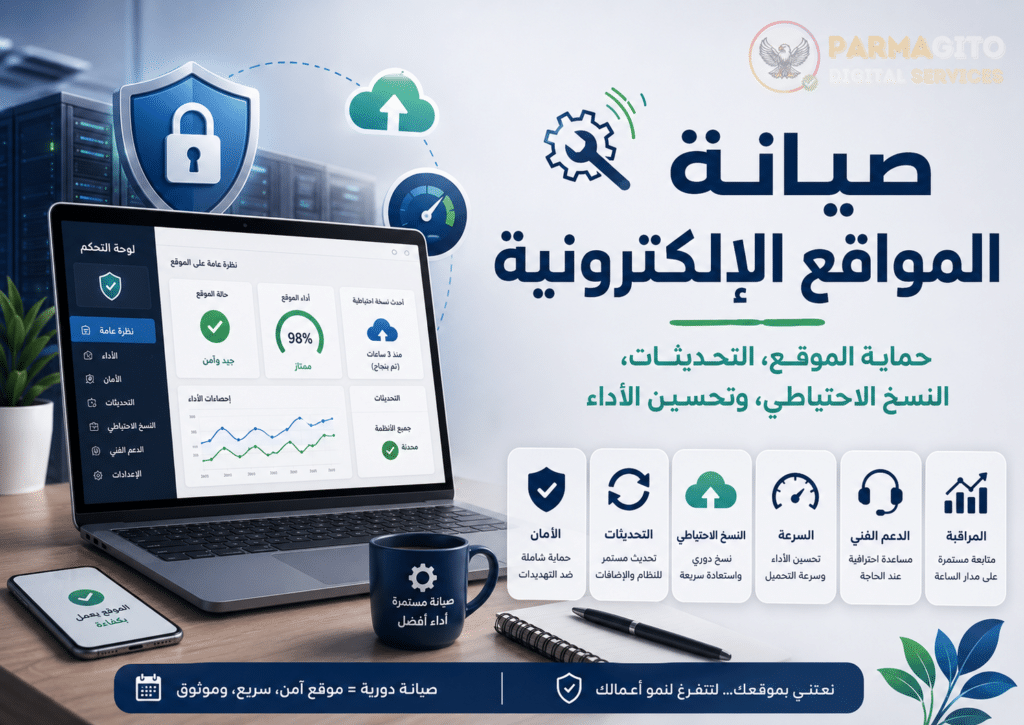 صورة توضيحية عن صيانة المواقع الإلكترونية تشمل الحماية والتحديثات والنسخ الاحتياطي وتحسين الأداء