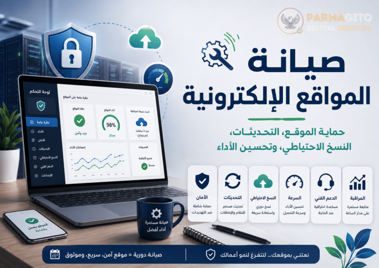 صورة توضيحية عن صيانة المواقع الإلكترونية تشمل الحماية والتحديثات والنسخ الاحتياطي وتحسين الأداء
